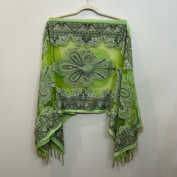 Green Sheer Kimono Kraften Paisley Design Fringe Sparkle Free Size Fairy - Picture 5 of 7